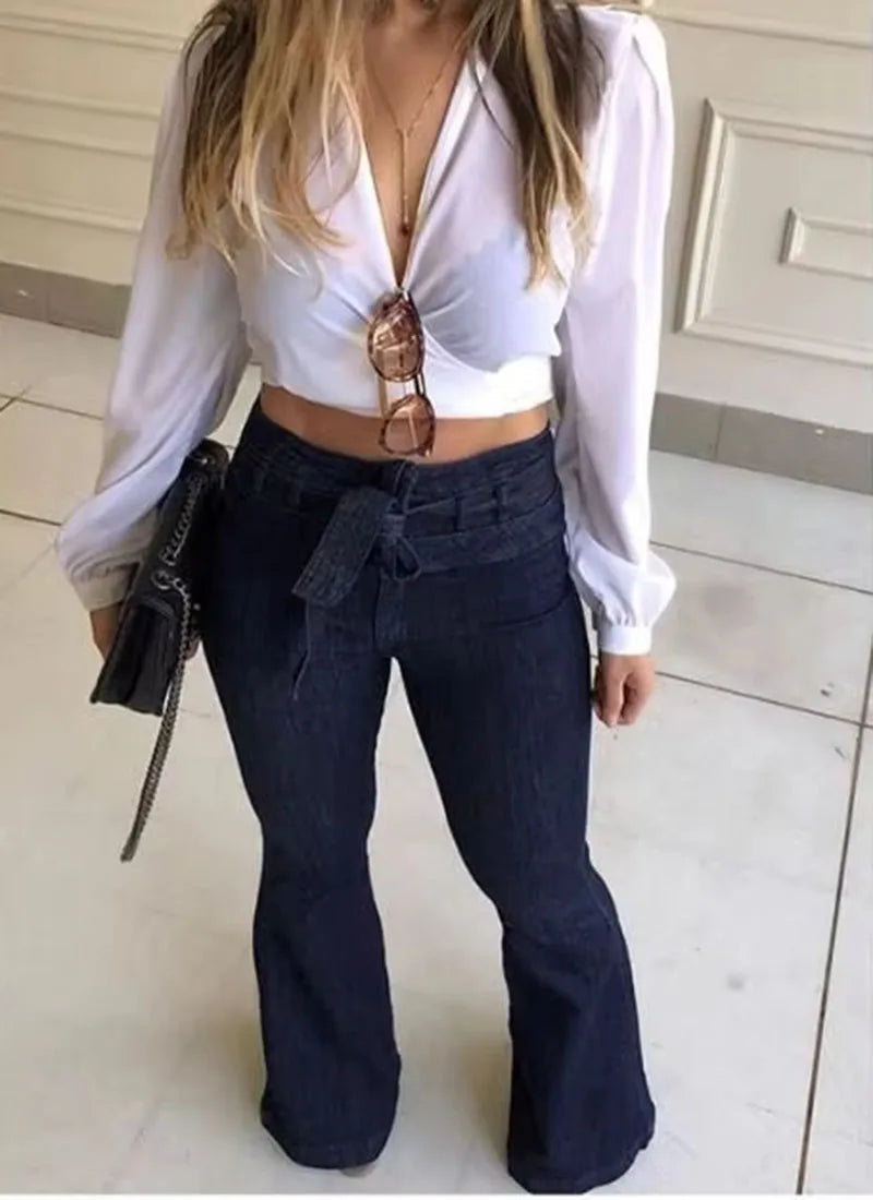 Women's High-Waisted Tummy Control Butt Lifting Tie-Waist Flared Jeans Wide-Leg Denim Pants with Pocket Details