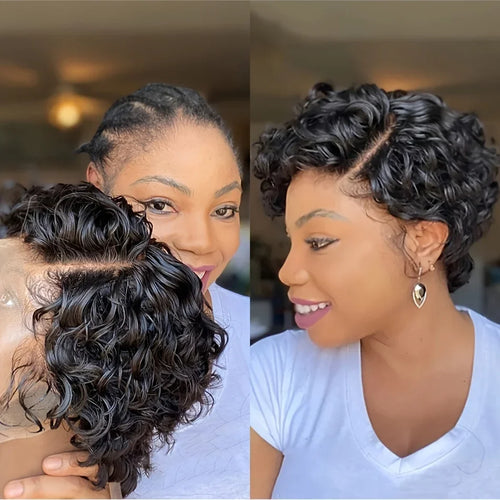 Burmese Hair 6inch Short Kinky Curly Pixie Cut 100% Human Hair Wigs 13x4x1 Transparent Lace Wig Natural Color For Black Women