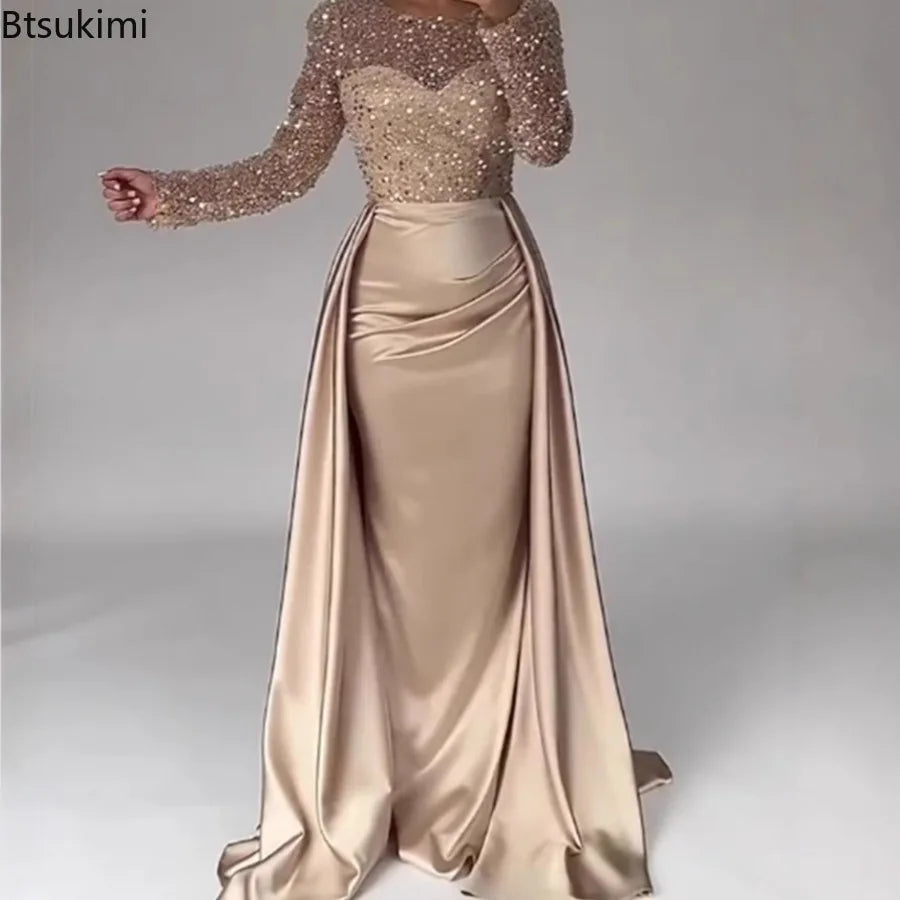 2026 Elegant Evening Dresses Women's Chic Sequin Splice O-neck Long Sleeve Pleated Maxi Dress Sexy High Waist Slim Banquet Gowns