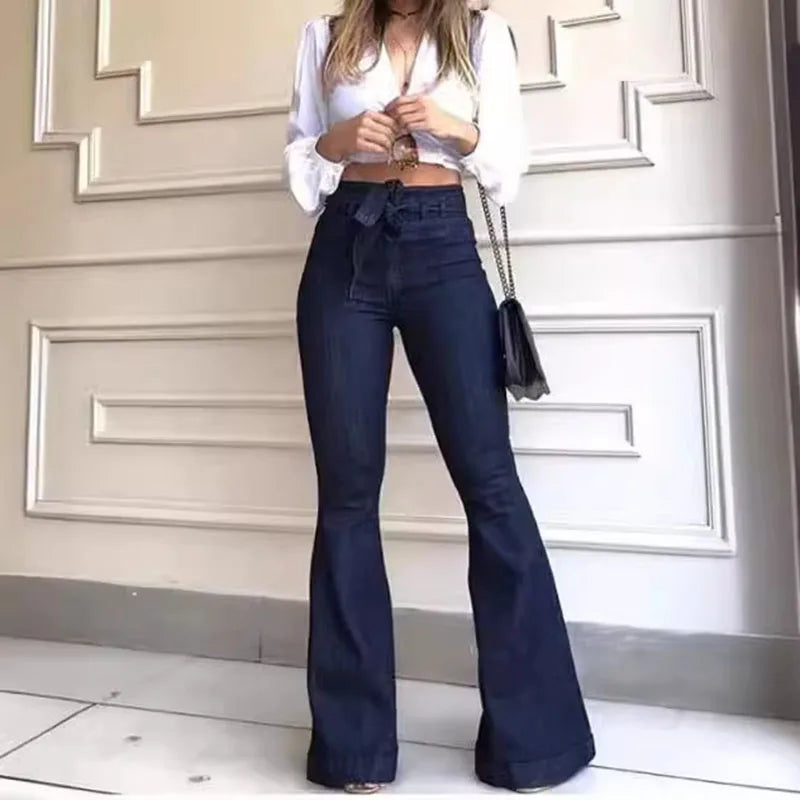 Women's High-Waisted Tummy Control Butt Lifting Tie-Waist Flared Jeans Wide-Leg Denim Pants with Pocket Details