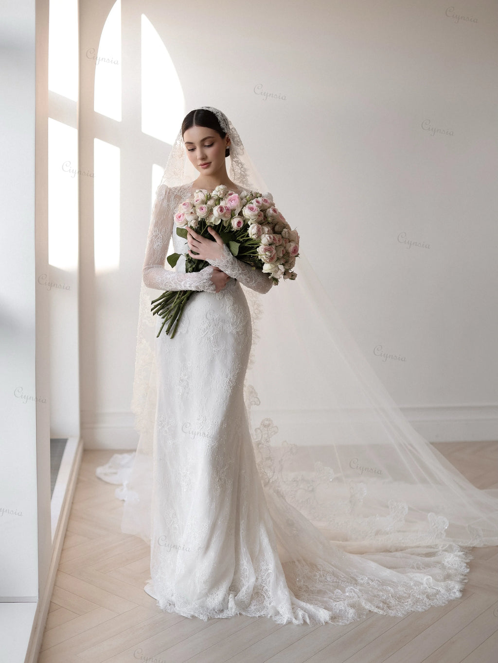 Elegant Lace Wedding Dress Mermaid Vestido De Casamento 2026 Bride Dress with Bridal Veils Detachable Skirt Customzied