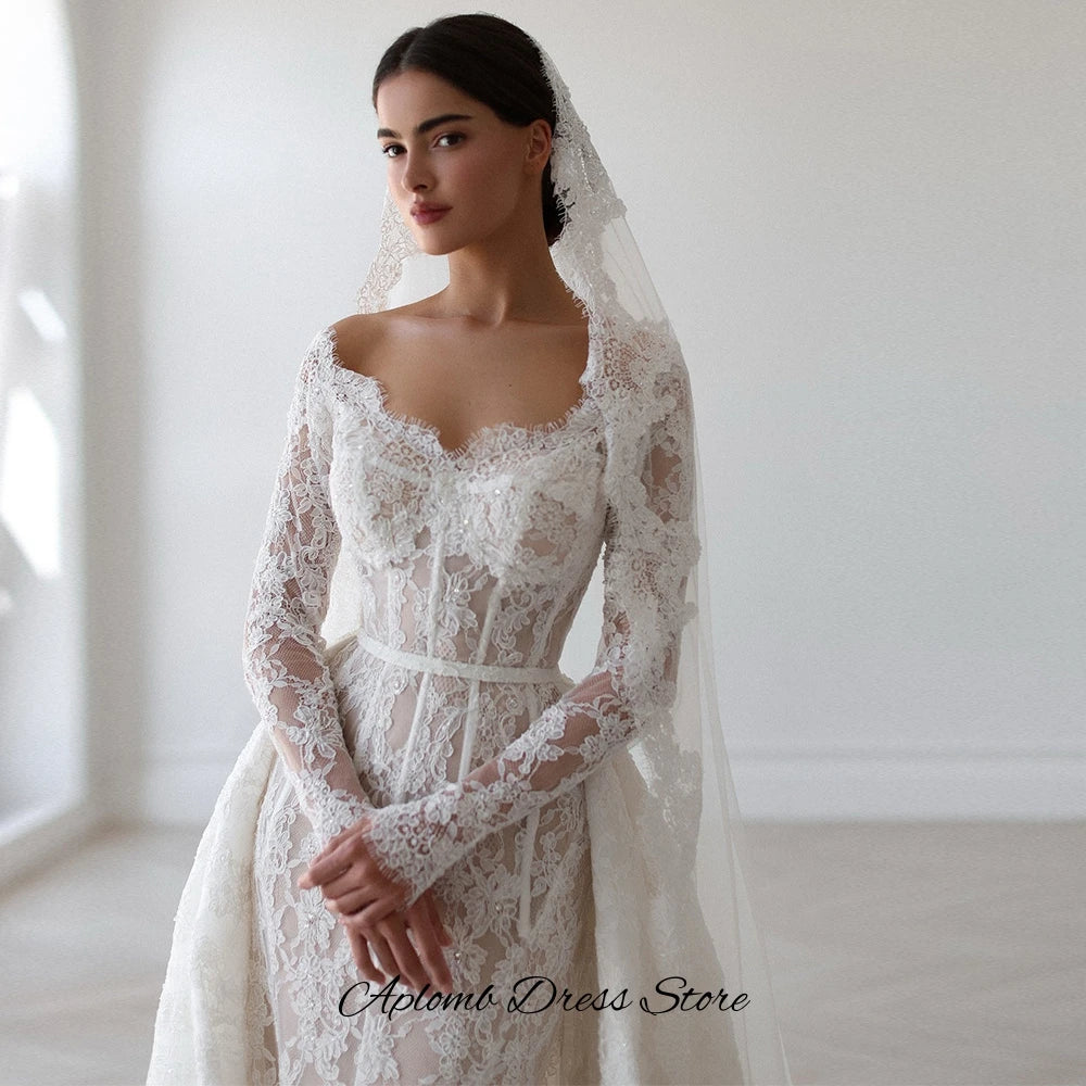 Dreamy Mermaid Vestido De Novia Elegant Customized Appliques Lace Wedding Dress Classic Long Sleeves Boat Neck Bridal Gowns
