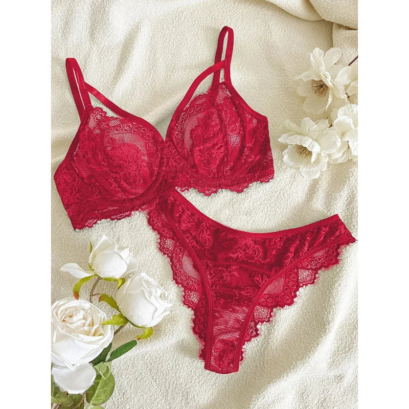 Eyelash Lace Underwire Bra & Brazilian Panties Set