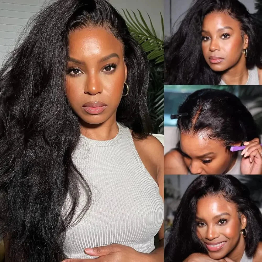 Kinky Straight 13x4 Lace Front Human Hair Wigs For Women Brazilian Bone Colored Yaki Straight Transparent Lace Frontal Curly Wig