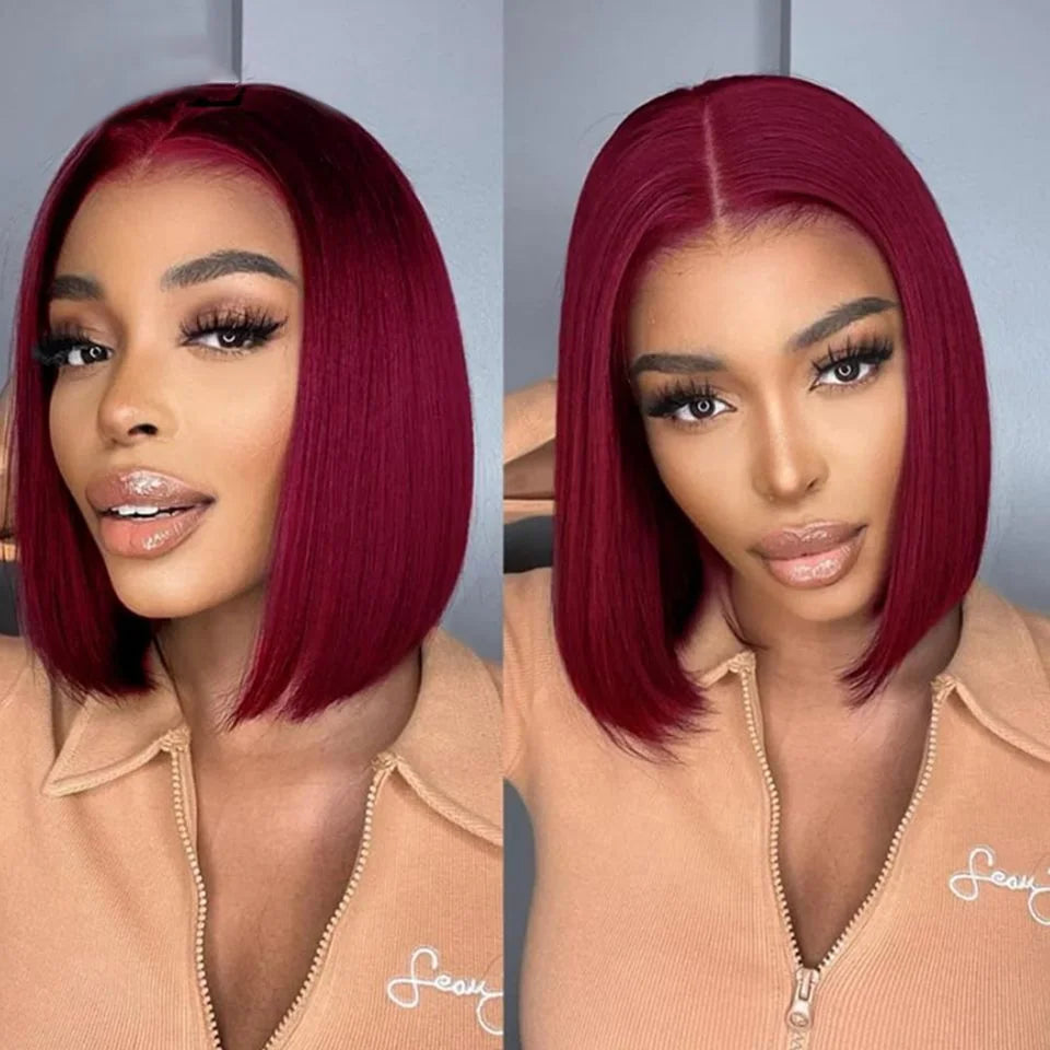 Burgundy Bob Wig 4C Hair Human Hair 13x6x1 Frontal Lace Straight Bob Wigs 99J Red Short Bob Wig Middle Part 100% Human Hair Wig