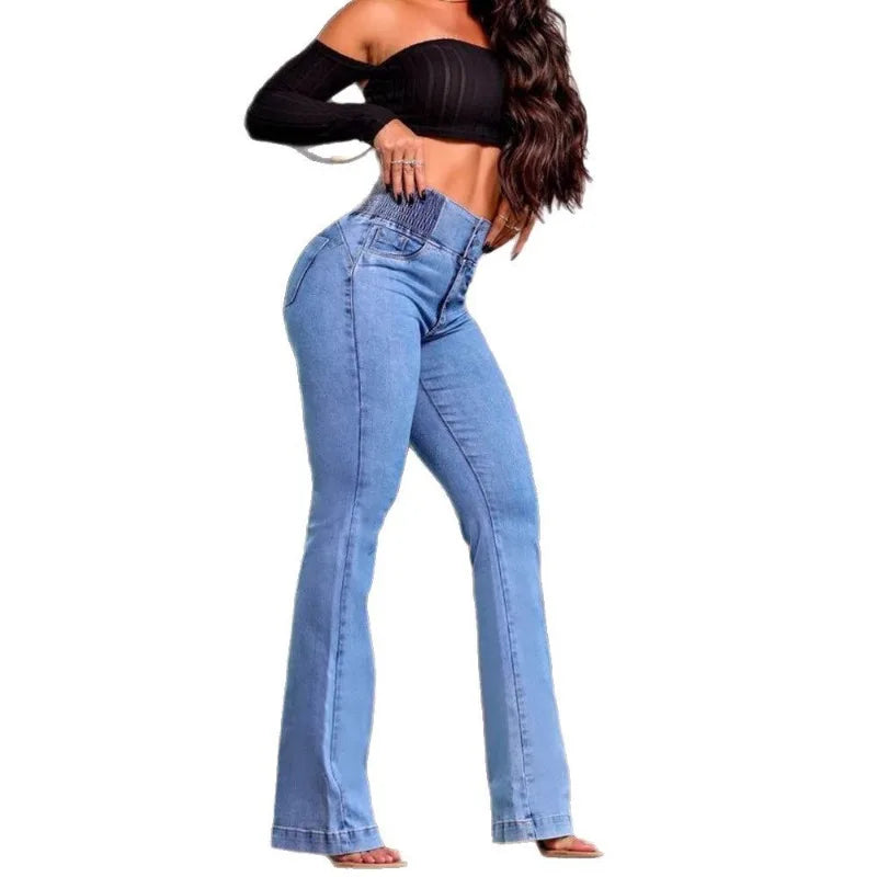 2026 Retro Elastic High-Waist Jeans Slim Bootcut Butt-Lifting Tummy Control Curvy-Friendly Denim Trousers