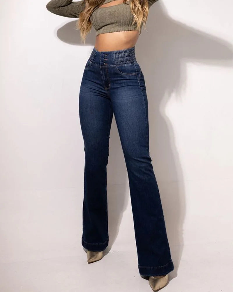 2026 Retro Elastic High-Waist Jeans Slim Bootcut Butt-Lifting Tummy Control Curvy-Friendly Denim Trousers