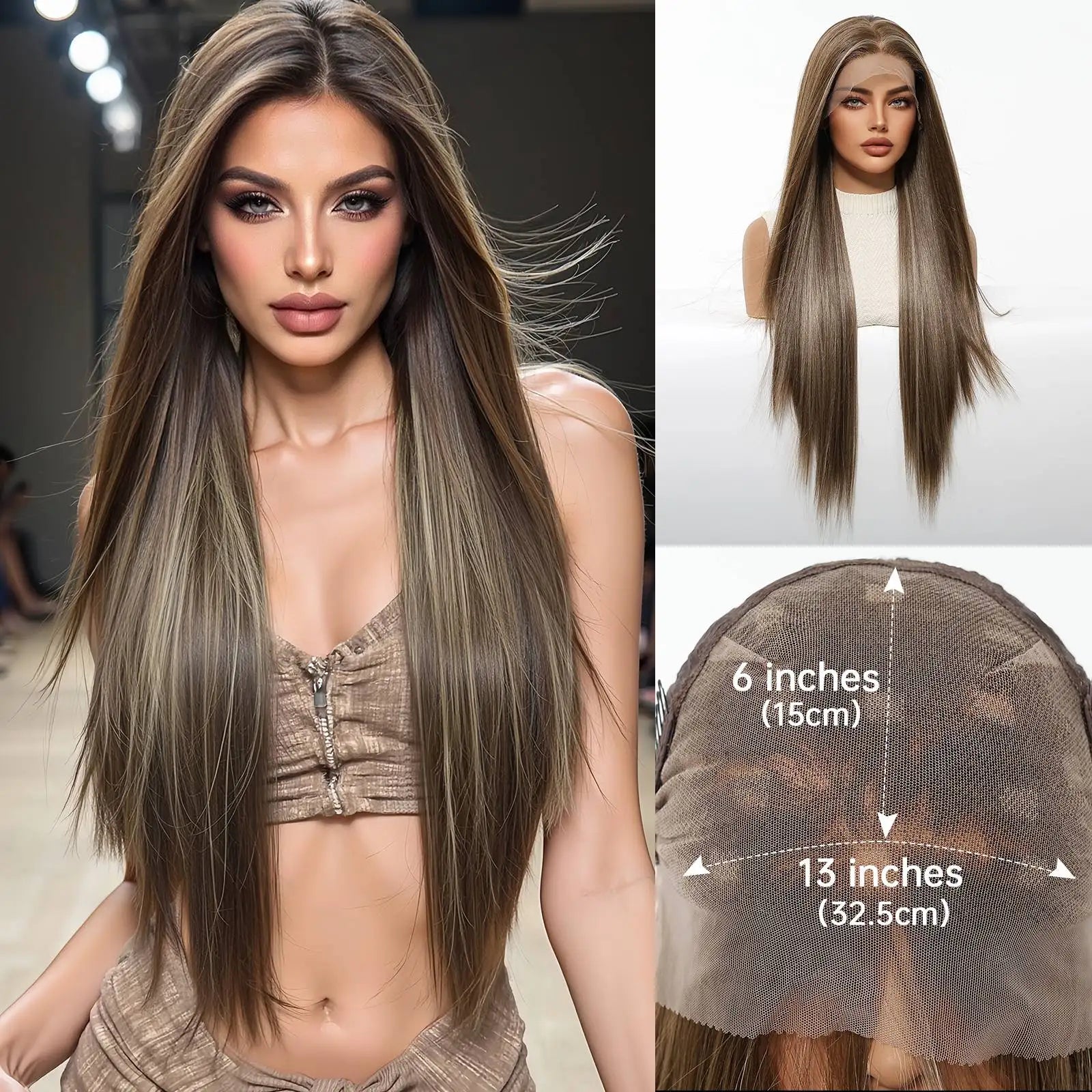 13x6 HD Transparent Lace Front Wig Long Bone Straight Chocolate Brown Synthetic Wigs for Women Glueless Pre Plucked Hairline