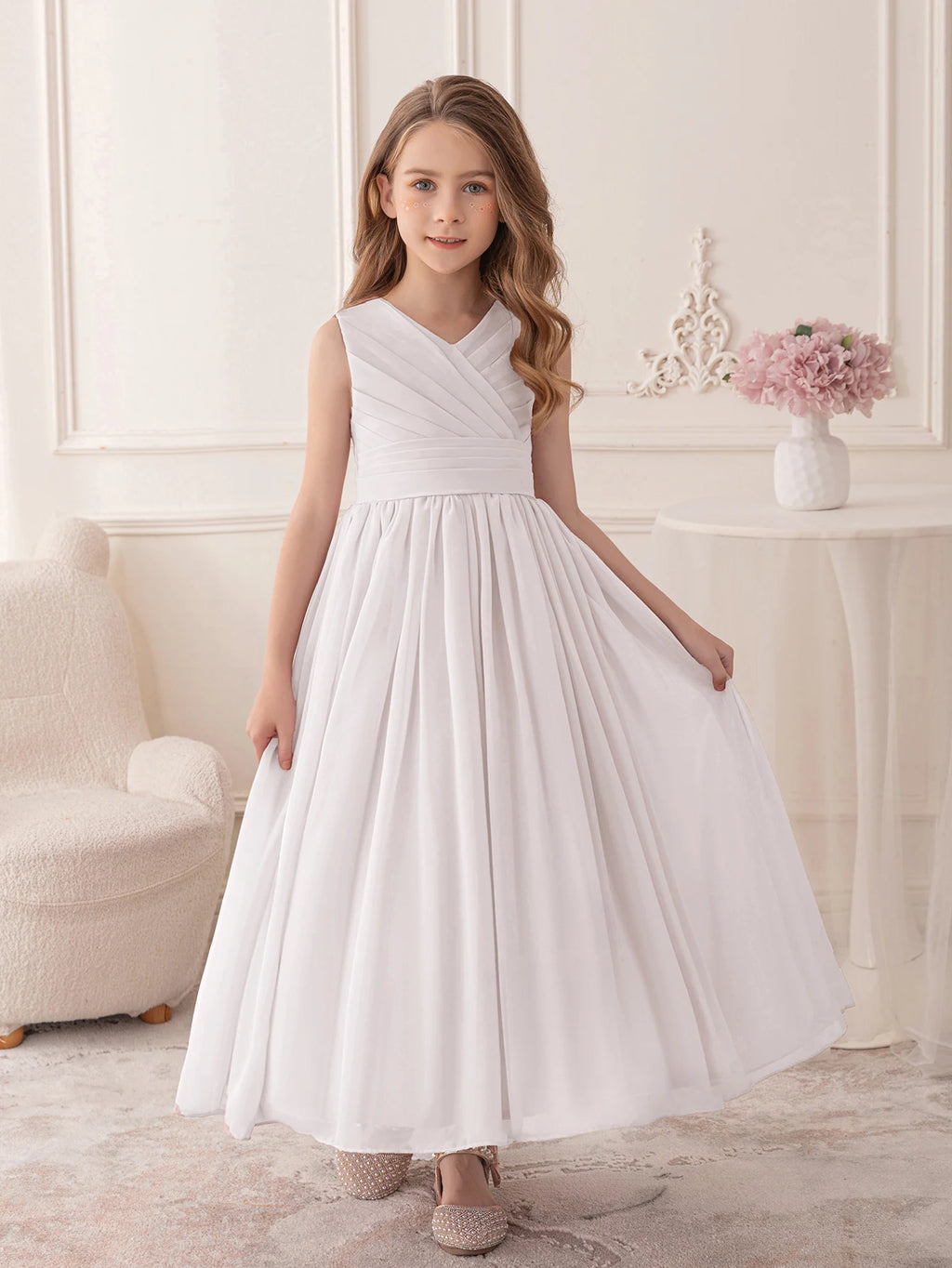 Elegant Girl Party Dress Long White Chiffon Dress Wedding Birthday Party Evening Gown Bridesmaid Dresses