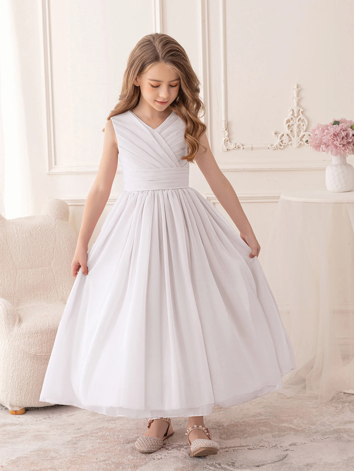 Elegant Girl Party Dress Long White Chiffon Dress Wedding Birthday Party Evening Gown Bridesmaid Dresses