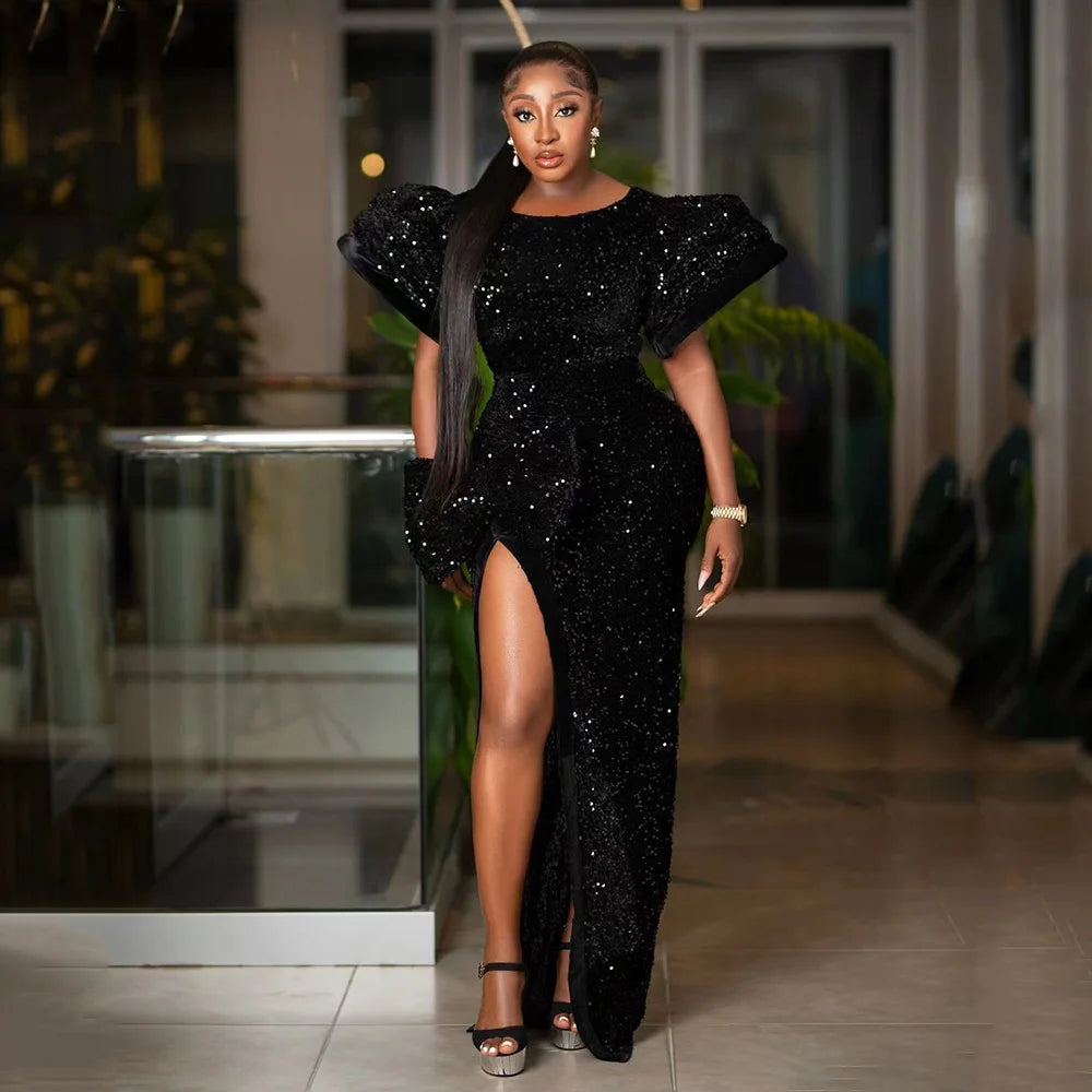 2023 African-American Evening Dress Black Sequin Round Neck Puffed Sleeve High Slit Floor-Length Fishtail Dress