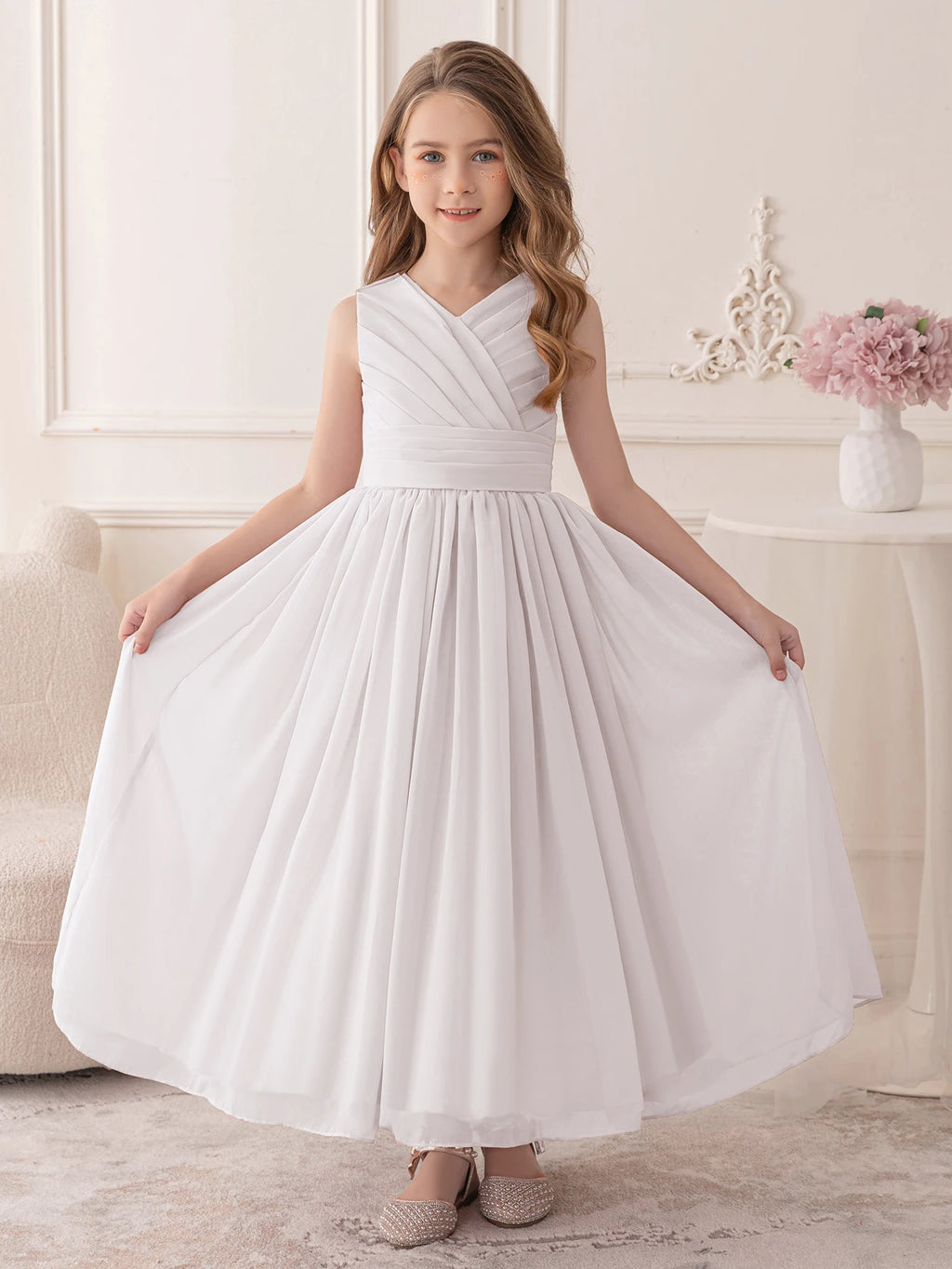 Elegant Girl Party Dress Long White Chiffon Dress Wedding Birthday Party Evening Gown Bridesmaid Dresses