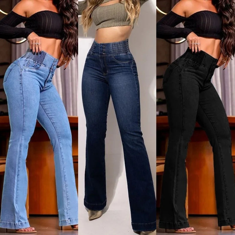 2026 Retro Elastic High-Waist Jeans Slim Bootcut Butt-Lifting Tummy Control Curvy-Friendly Denim Trousers