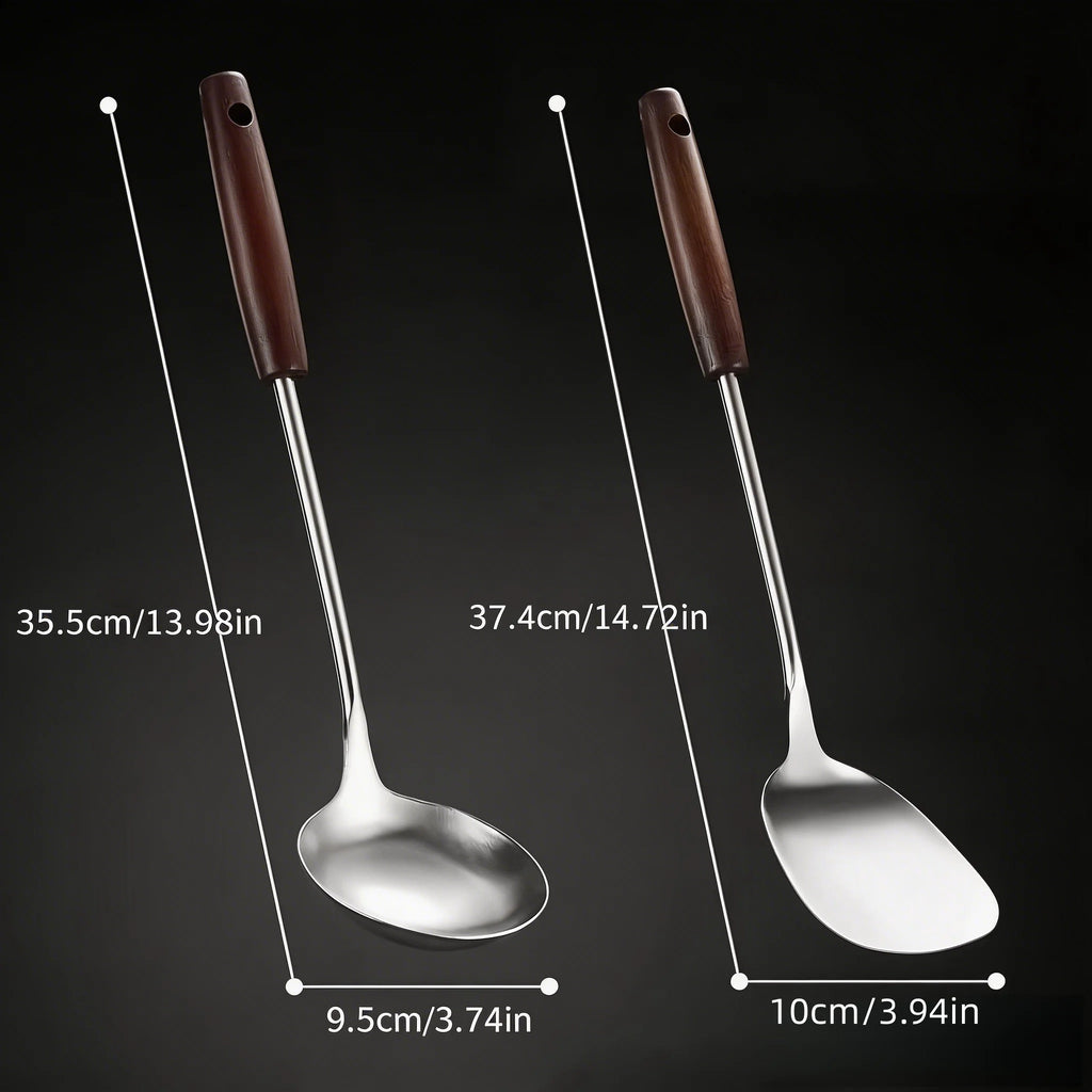 【Pot Spatula + Pot Spoon】Household Stainless Steel Cooking Set, Spatula and Soup Spoon with Wooden Handle, Anti-Scald, Durable, Extended Length