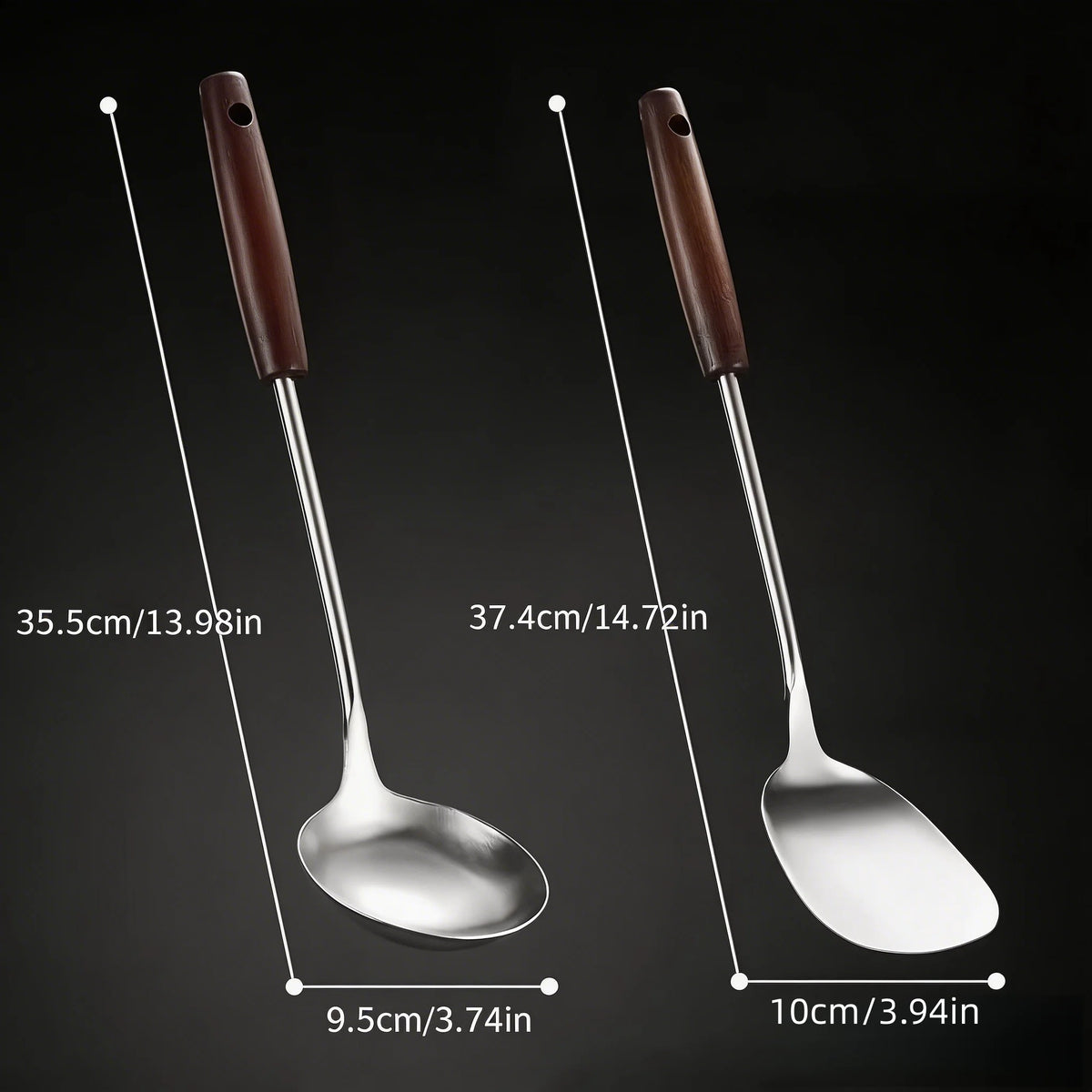 【Pot Spatula + Pot Spoon】Household Stainless Steel Cooking Set, Spatula and Soup Spoon with Wooden Handle, Anti-Scald, Durable, Extended Length