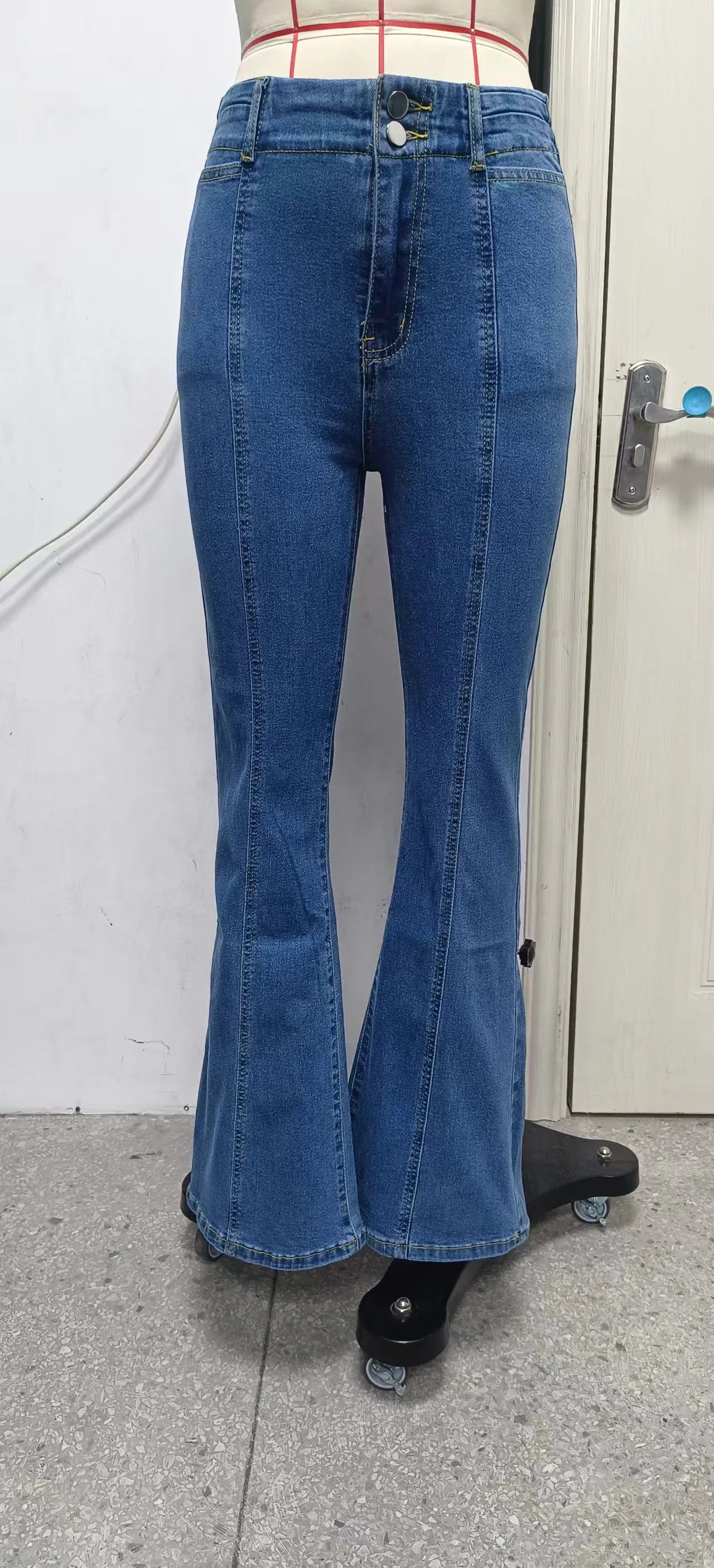 High-waisted Women's Blue Jeans, Patchwork-detailed Denim Flared Pants, Perfect for Spring and Fall.