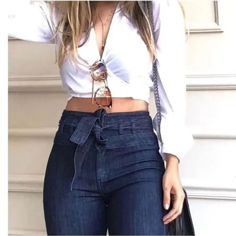 Women's High-Waisted Tummy Control Butt Lifting Tie-Waist Flared Jeans Wide-Leg Denim Pants with Pocket Details