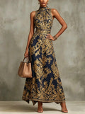 Elegant Party Evening 2026 Summer Long Dresses New Vintage Classic Pattern Flower Printed Lapel A-Line Dresses For Women