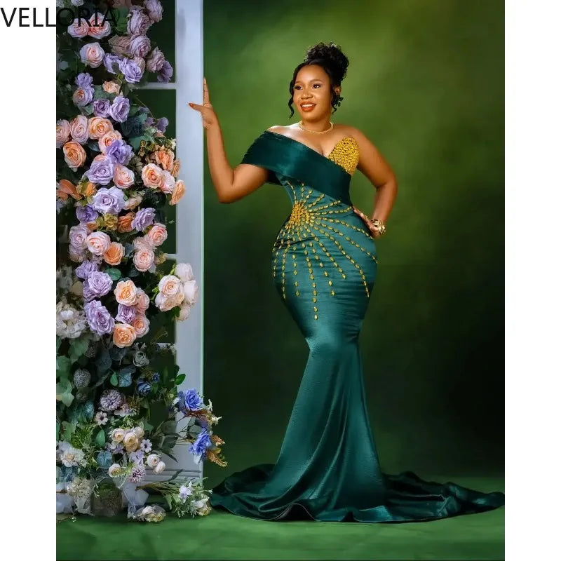 Emerald Mermaid Evening Gown – Gold Beaded