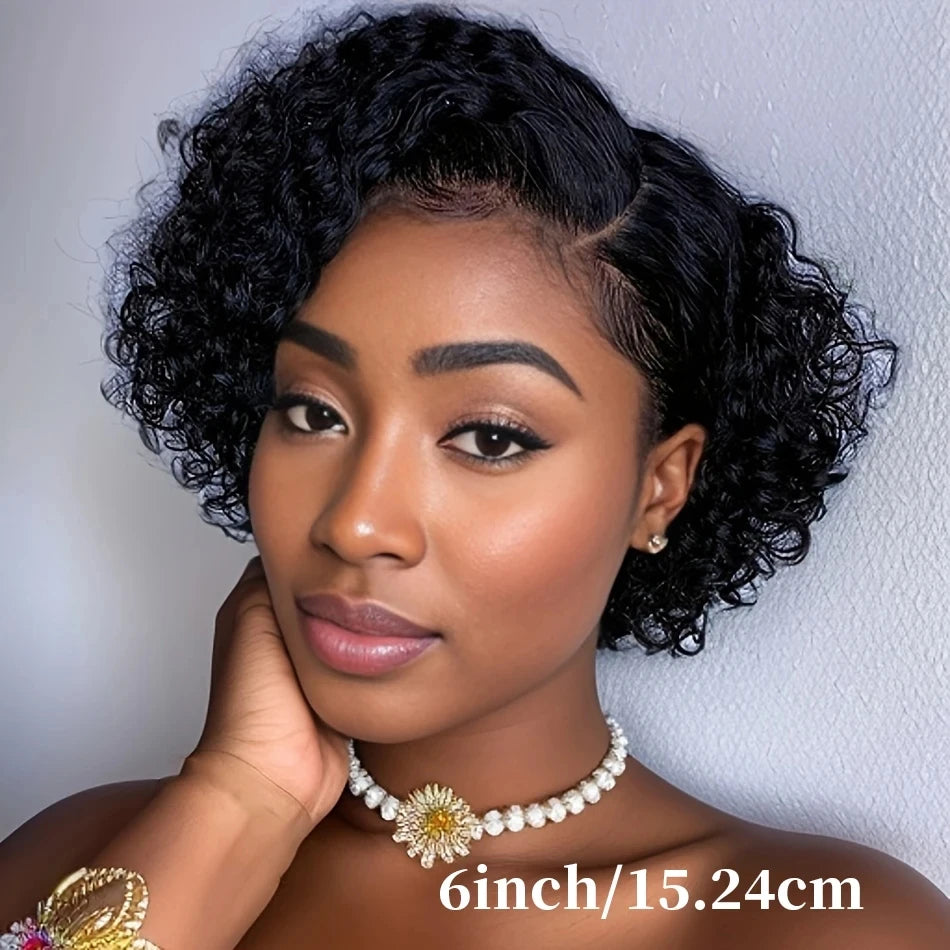 Burmese Hair 6inch Short Kinky Curly Pixie Cut 100% Human Hair Wigs 13x4x1 Transparent Lace Wig Natural Color For Black Women