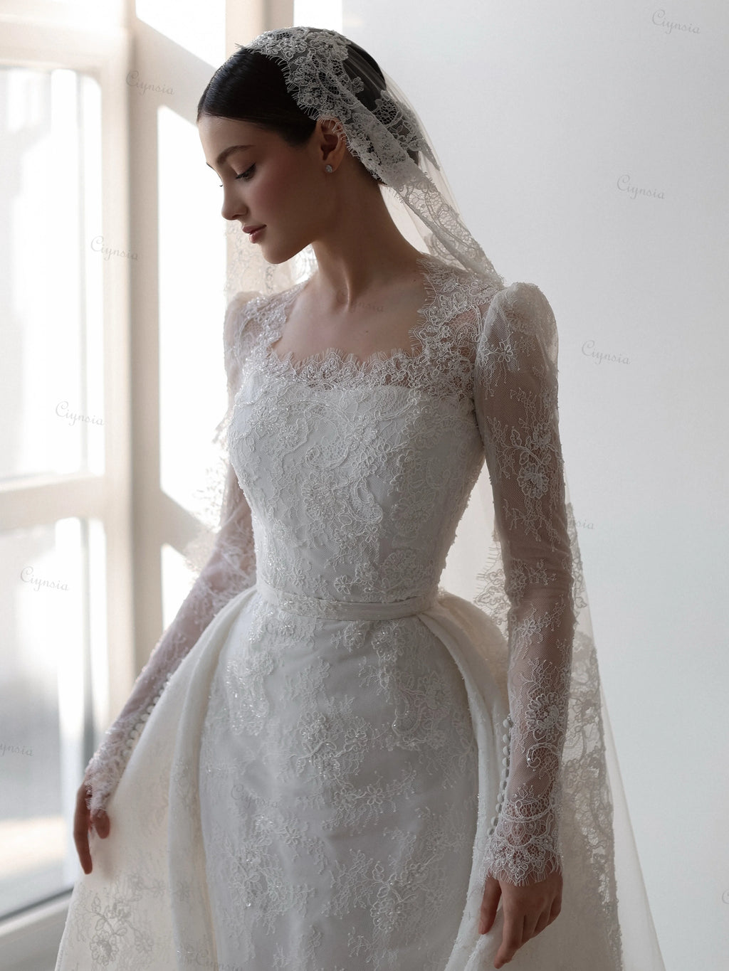 Elegant Lace Wedding Dress Mermaid Vestido De Casamento 2026 Bride Dress with Bridal Veils Detachable Skirt Customzied