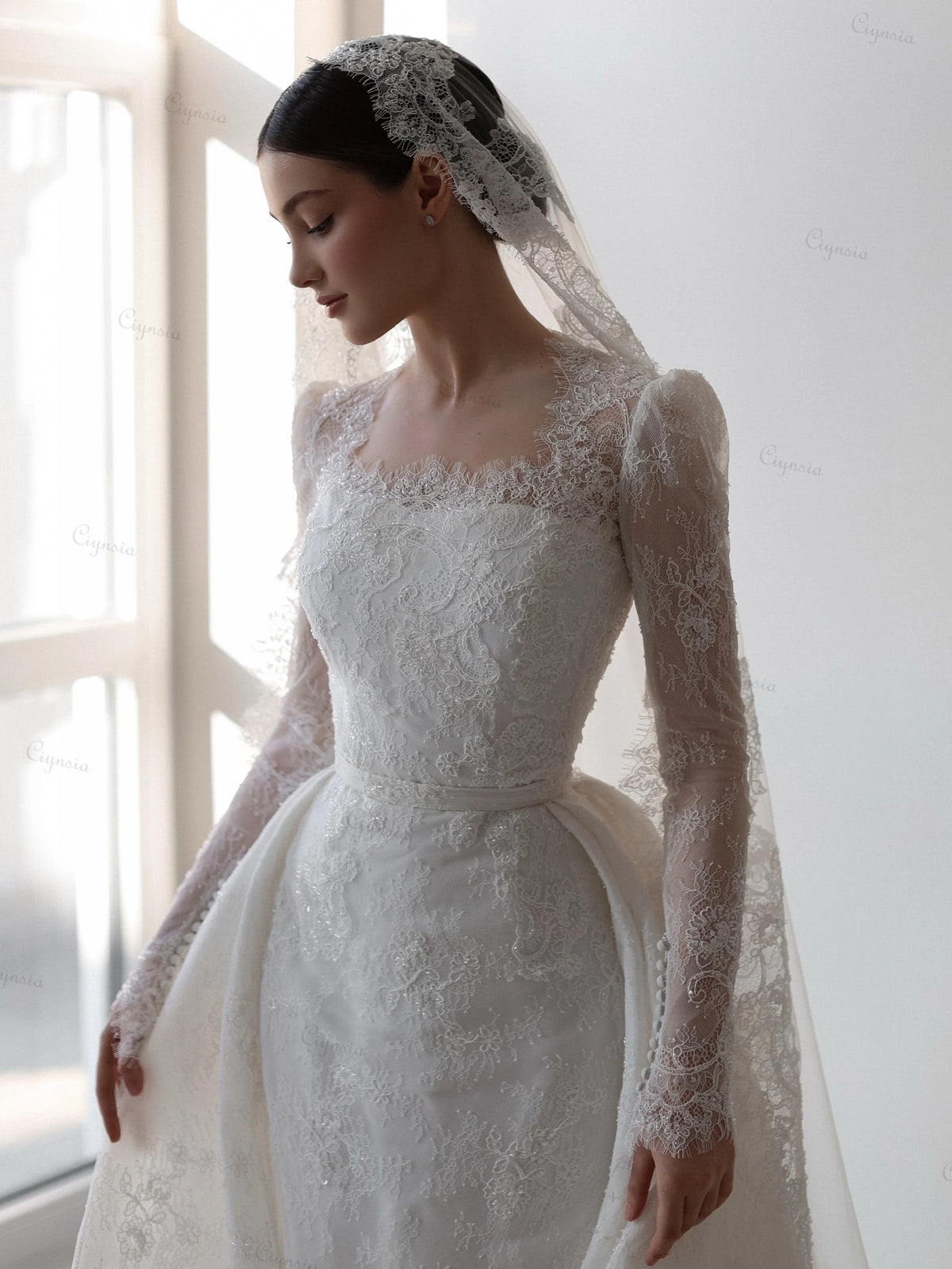 Elegant Lace Wedding Dress Mermaid Vestido De Casamento 2026 Bride Dress with Bridal Veils Detachable Skirt Customzied