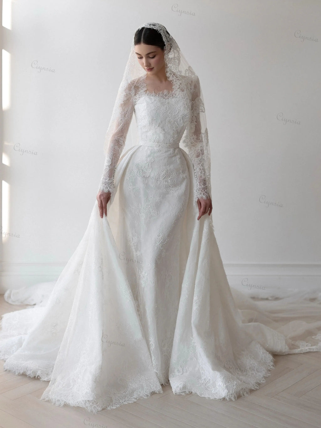 Elegant Lace Wedding Dress Mermaid Vestido De Casamento 2026 Bride Dress with Bridal Veils Detachable Skirt Customzied