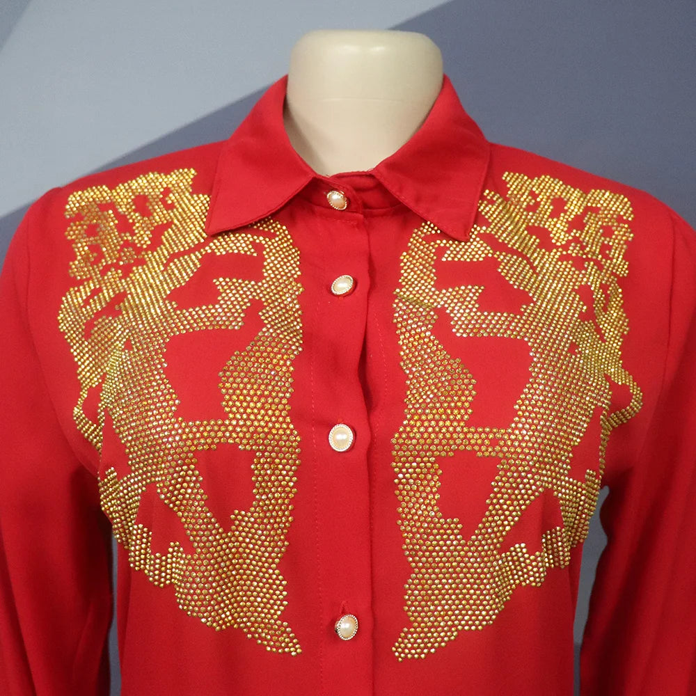 African American Expensive Shirtdress Solid Color Front and Rear Heavy Rhinestone Embellishment BOUBOU