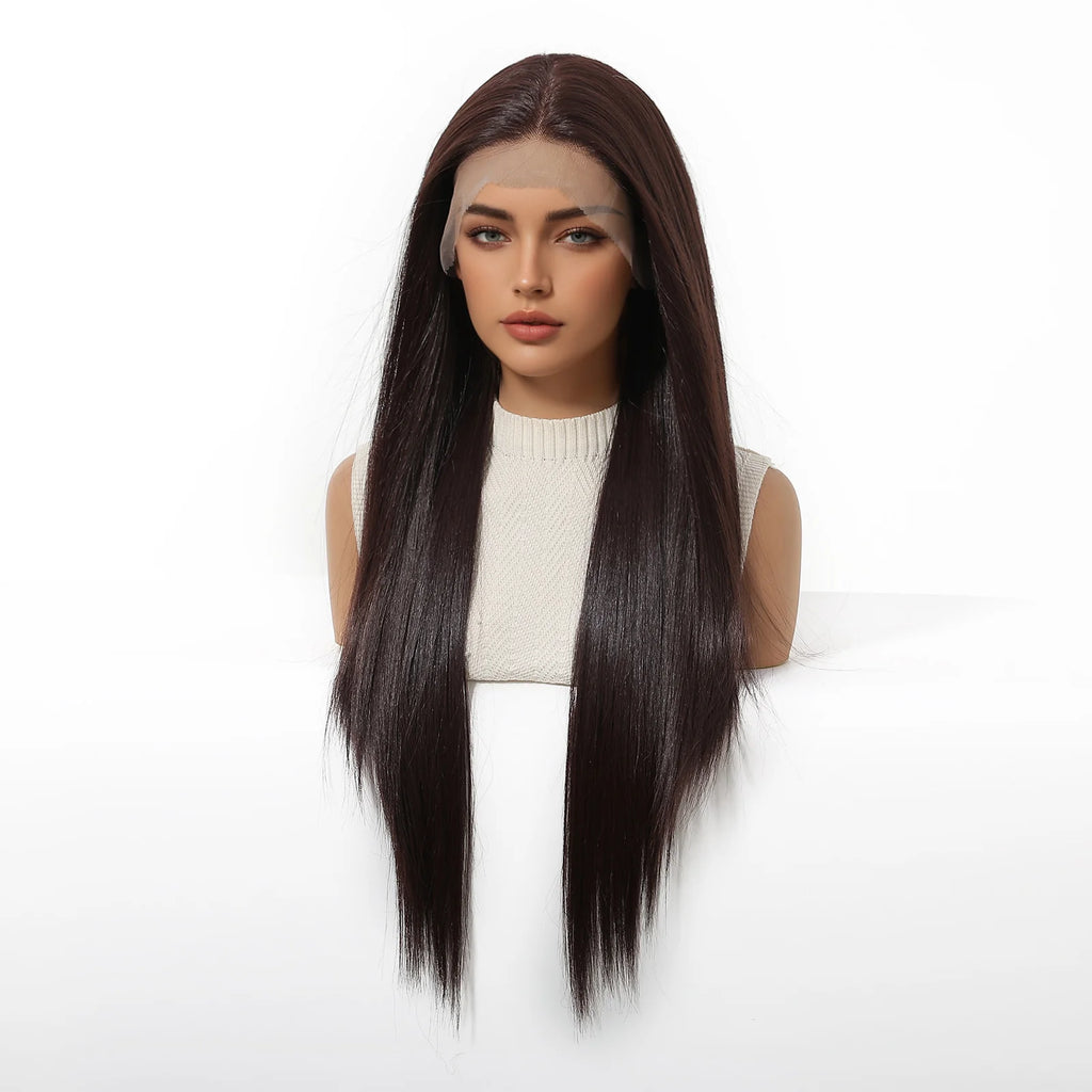 13x6 HD Transparent Lace Front Wig Long Bone Straight Chocolate Brown Synthetic Wigs for Women Glueless Pre Plucked Hairline