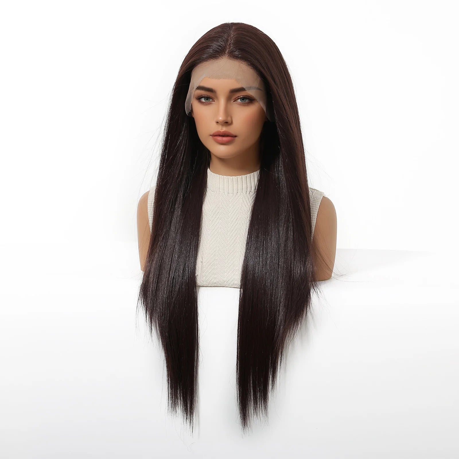 13x6 HD Transparent Lace Front Wig Long Bone Straight Chocolate Brown Synthetic Wigs for Women Glueless Pre Plucked Hairline