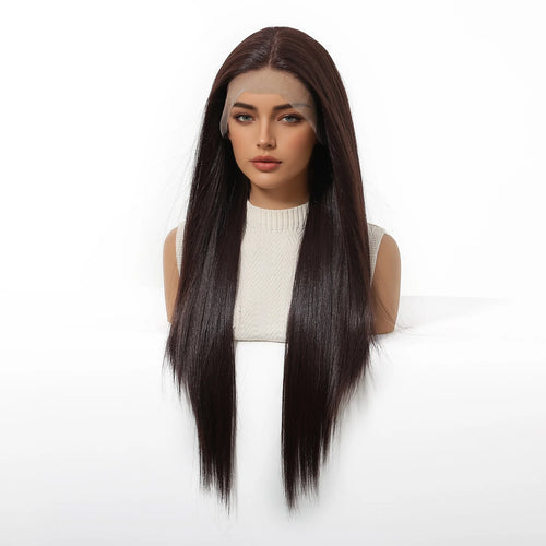 13x6 HD Transparent Lace Front Wig Long Bone Straight Chocolate Brown Synthetic Wigs for Women Glueless Pre Plucked Hairline