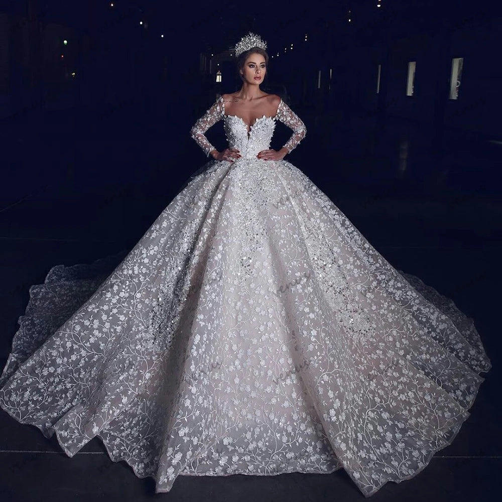 Glamorous Wedding Dresses Exquisite Bridal Gowns Lace Appliques Full Sleeves Robes свадебное платье Vestidos De Novia Customized
