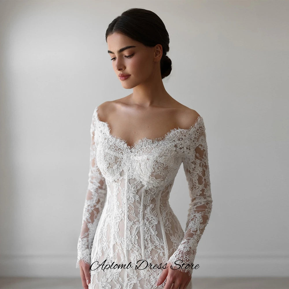 Dreamy Mermaid Vestido De Novia Elegant Customized Appliques Lace Wedding Dress Classic Long Sleeves Boat Neck Bridal Gowns