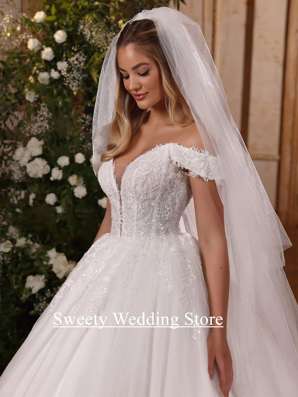 Ball Gown Wedding Dresses for Woman Bride Customized Deep V Neck Off The Shoulder Sequined Applique Court Train Bridal Dresses