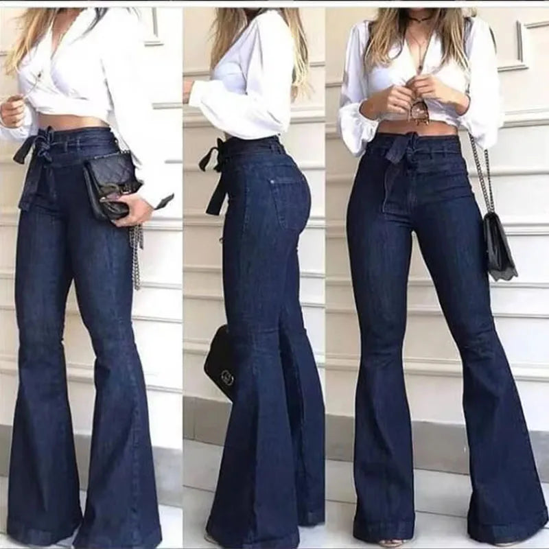 Women's High-Waisted Tummy Control Butt Lifting Tie-Waist Flared Jeans Wide-Leg Denim Pants with Pocket Details