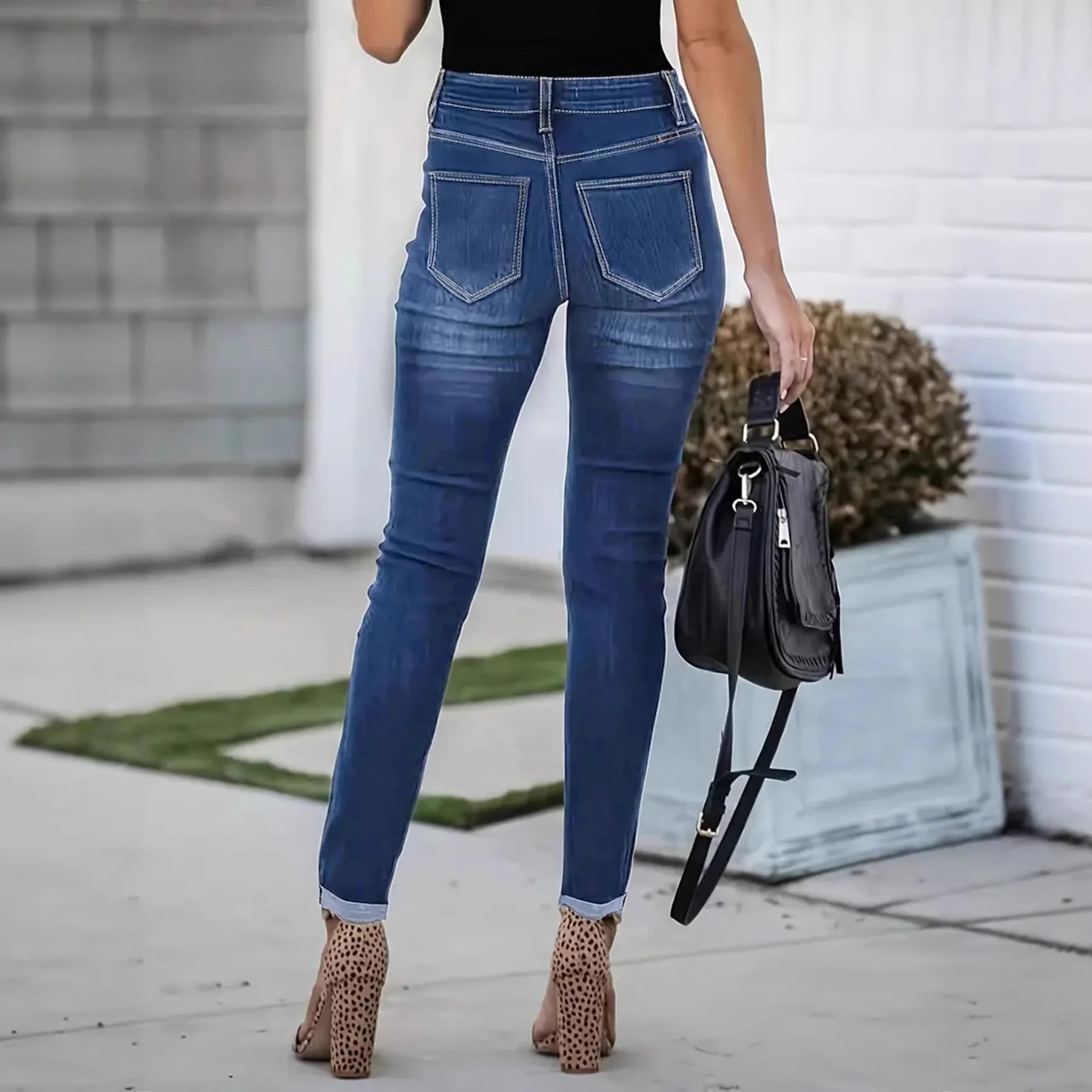2026 New Style Trendy Hit Women's Blue Stretch Jeans Multi-Button Street Fashion Cuffed Slim-Fit Pants