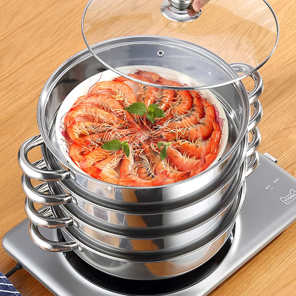 Pot Steamer Stainless Steel Steam Cooking Set steaming Soup Stockpot 4 Vegetable Tier Layer Steamers Pan Cooker Pots
