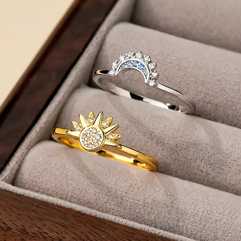 925 Silver Sun and Moon  Couple Ring Set Sky Blue Sparkling Cubic Zirconia Rings Promise Fine Jewelry Gifts for Valentines Day