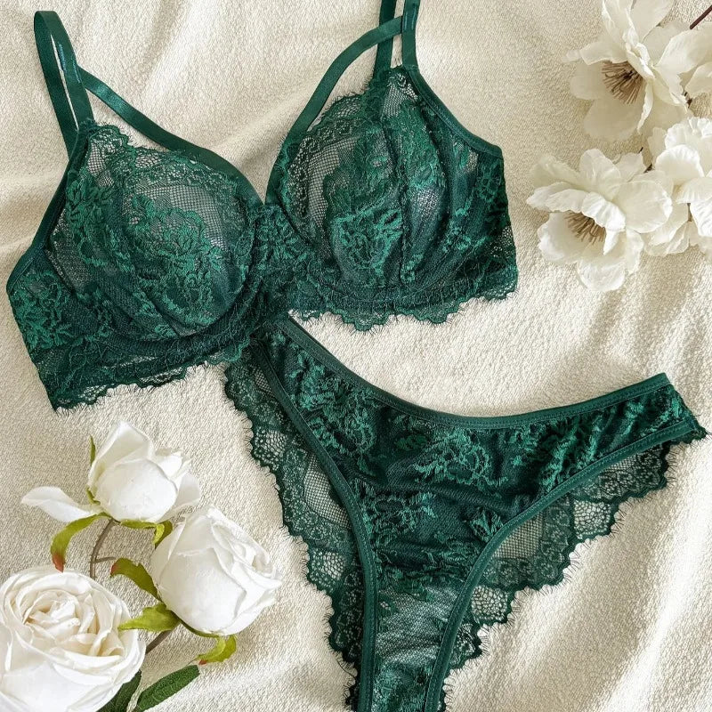 Eyelash Lace Underwire Bra & Brazilian Panties Set