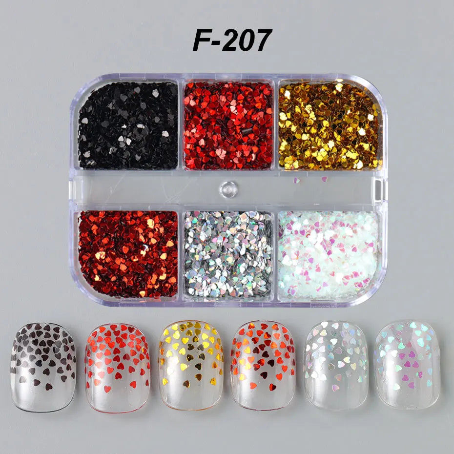 6 Grids Y2K Cute Heart Glitter Nail Sequins Kawaii Mini Golden Laser Silvery Love Nail Flake Korean Star DIY Nail Charm Supplies