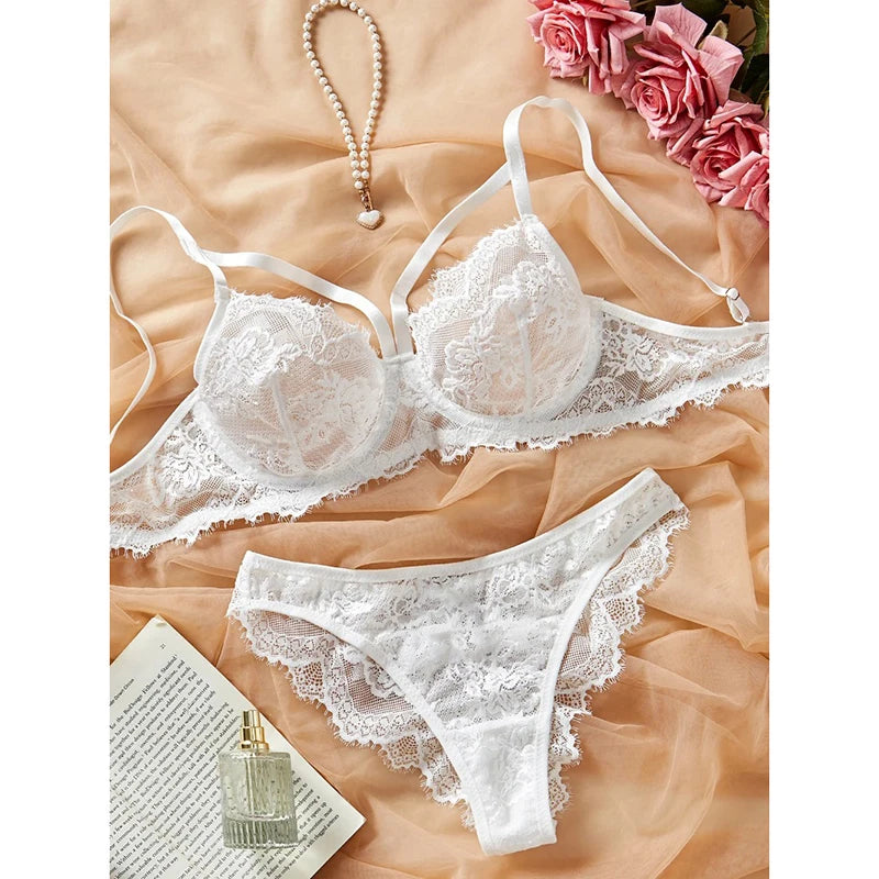 Eyelash Lace Underwire Bra & Brazilian Panties Set