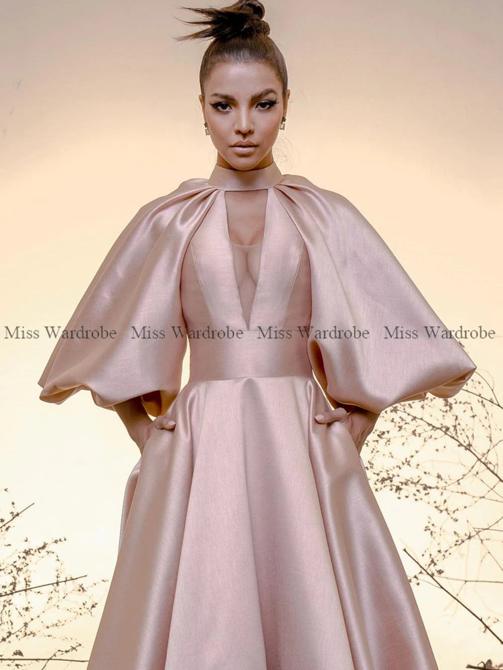 Elegant A Line Evening Dress High Neck Puff Sleeves Prom  Floor Length Formal Party Gowns Vestidos De Fiesta