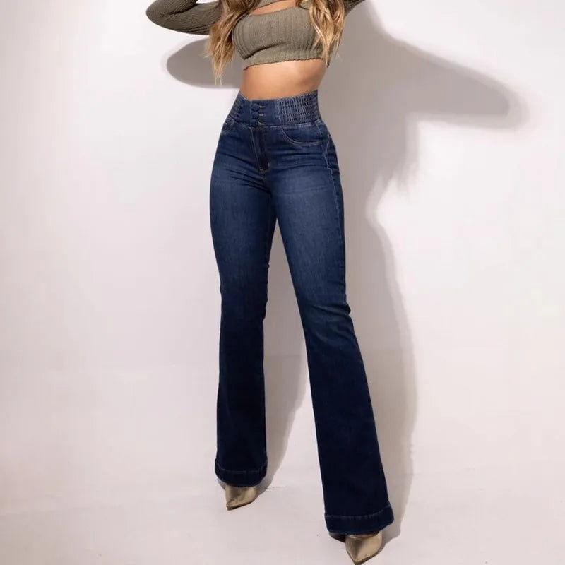 2026 Retro Elastic High-Waist Jeans Slim Bootcut Butt-Lifting Tummy Control Curvy-Friendly Denim Trousers