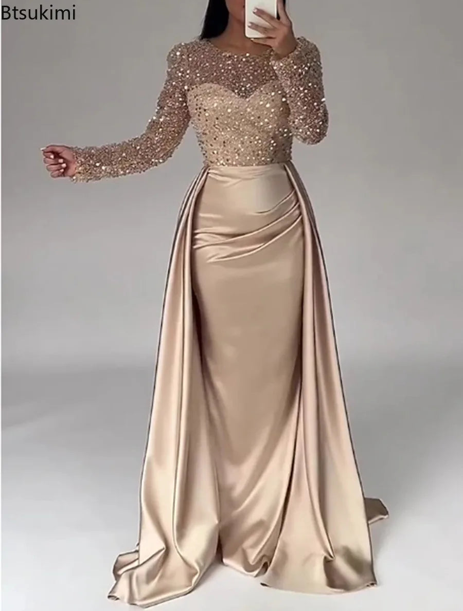 2026 Elegant Evening Dresses Women's Chic Sequin Splice O-neck Long Sleeve Pleated Maxi Dress Sexy High Waist Slim Banquet Gowns
