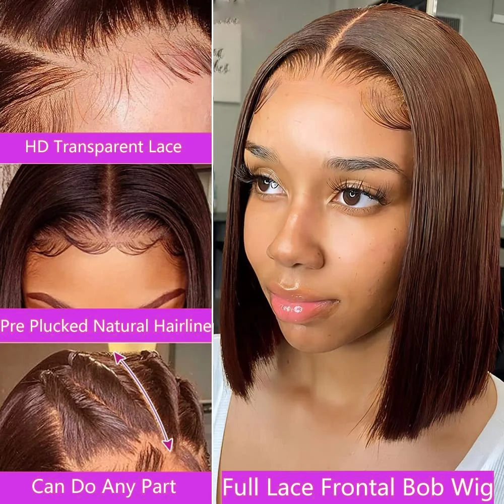 Vietnamese Straight Bob 100% Human Hair Chocolate Brown Color 13x4 Full Lace Frontal Double Drawn Bob Wig with For Black Women