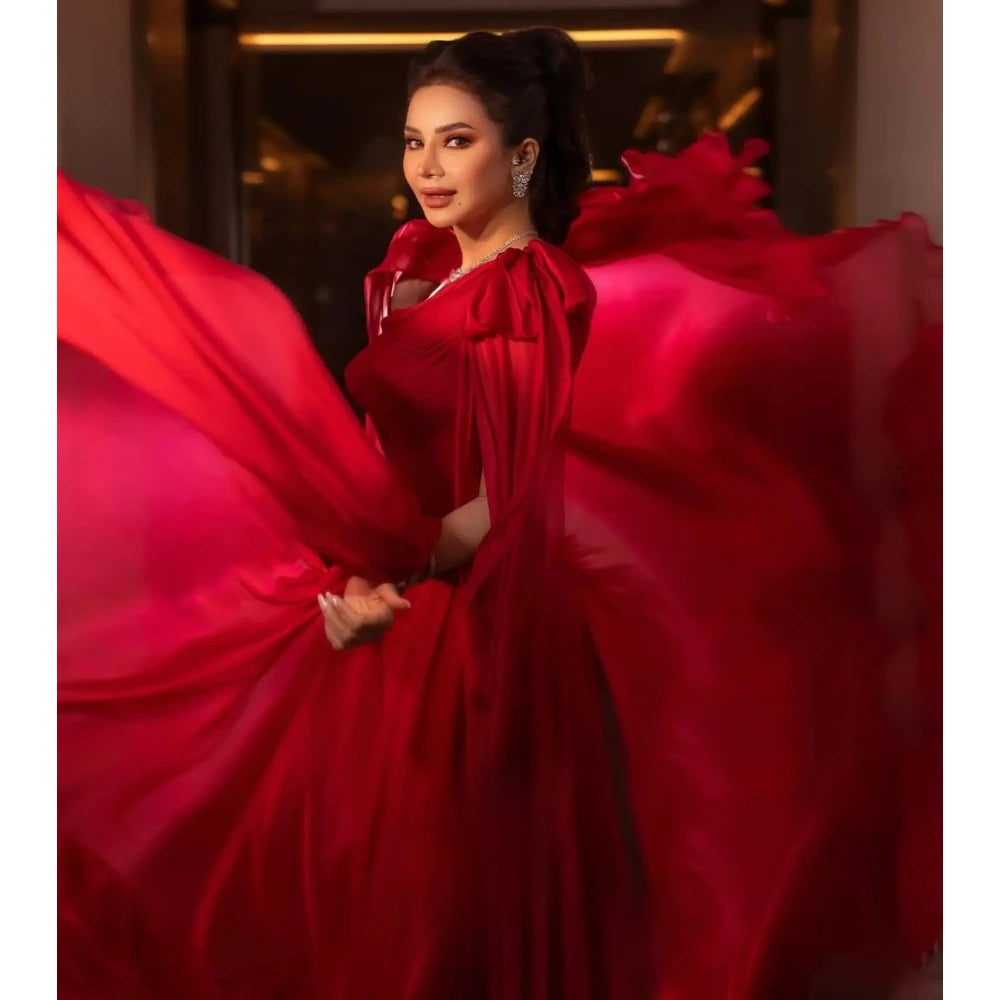 Elegant Red Evening Dress Off Shoulder A Line Floor Length Prom Gown Fashion Bow Ruched Pleat Party Dress Customized