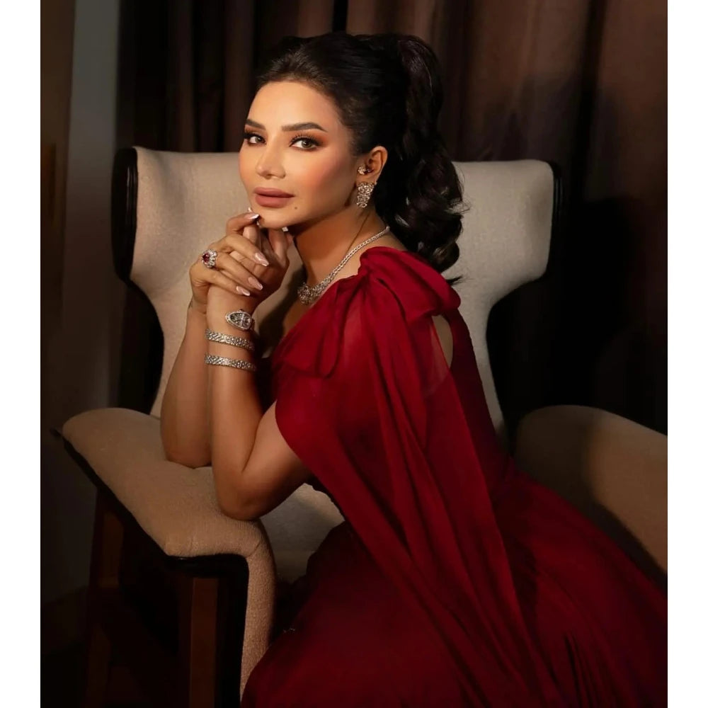 Elegant Red Evening Dress Off Shoulder A Line Floor Length Prom Gown Fashion Bow Ruched Pleat Party Dress Customized