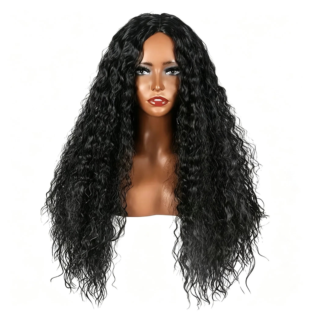 28inch Wig for Women, African Small Curls, Fashionable Middle-Parted Long Curly Hair, Corn Perm Synthetic Fiber Wig Headgear