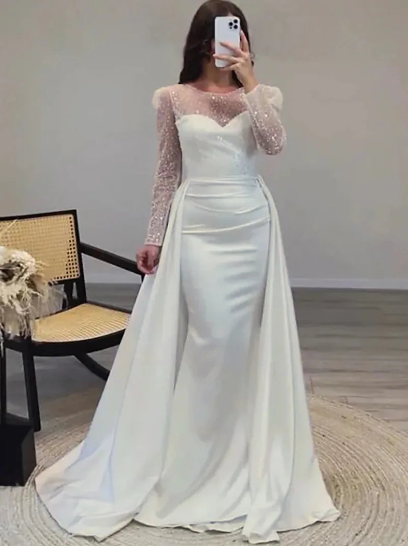 2026 Elegant Evening Dresses Women's Chic Sequin Splice O-neck Long Sleeve Pleated Maxi Dress Sexy High Waist Slim Banquet Gowns