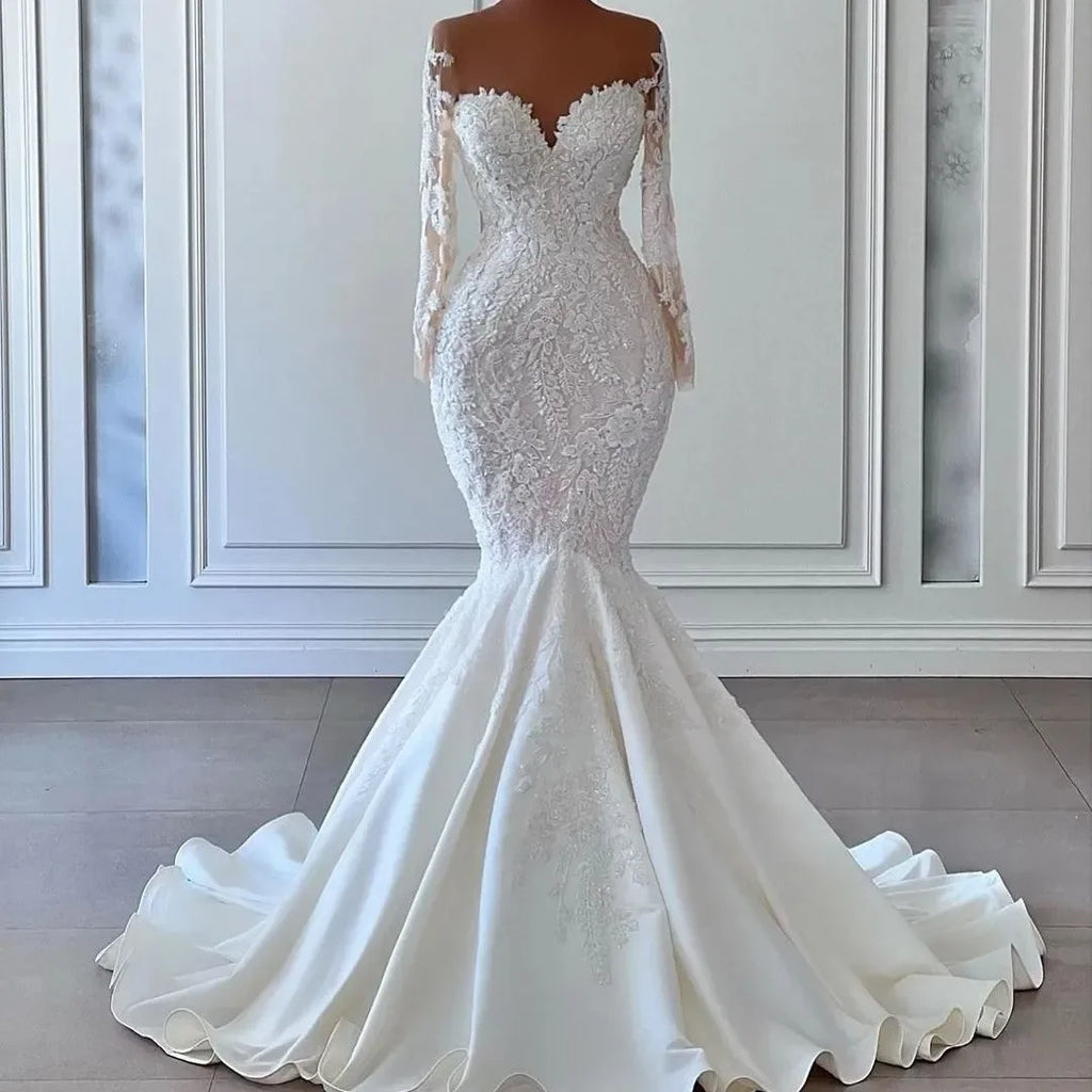 Chic Mermaid Wedding Dresses Women Elegant Sheer Long Sleeved Bridal Gowns Lace vestidos de novia Second Reception Dress
